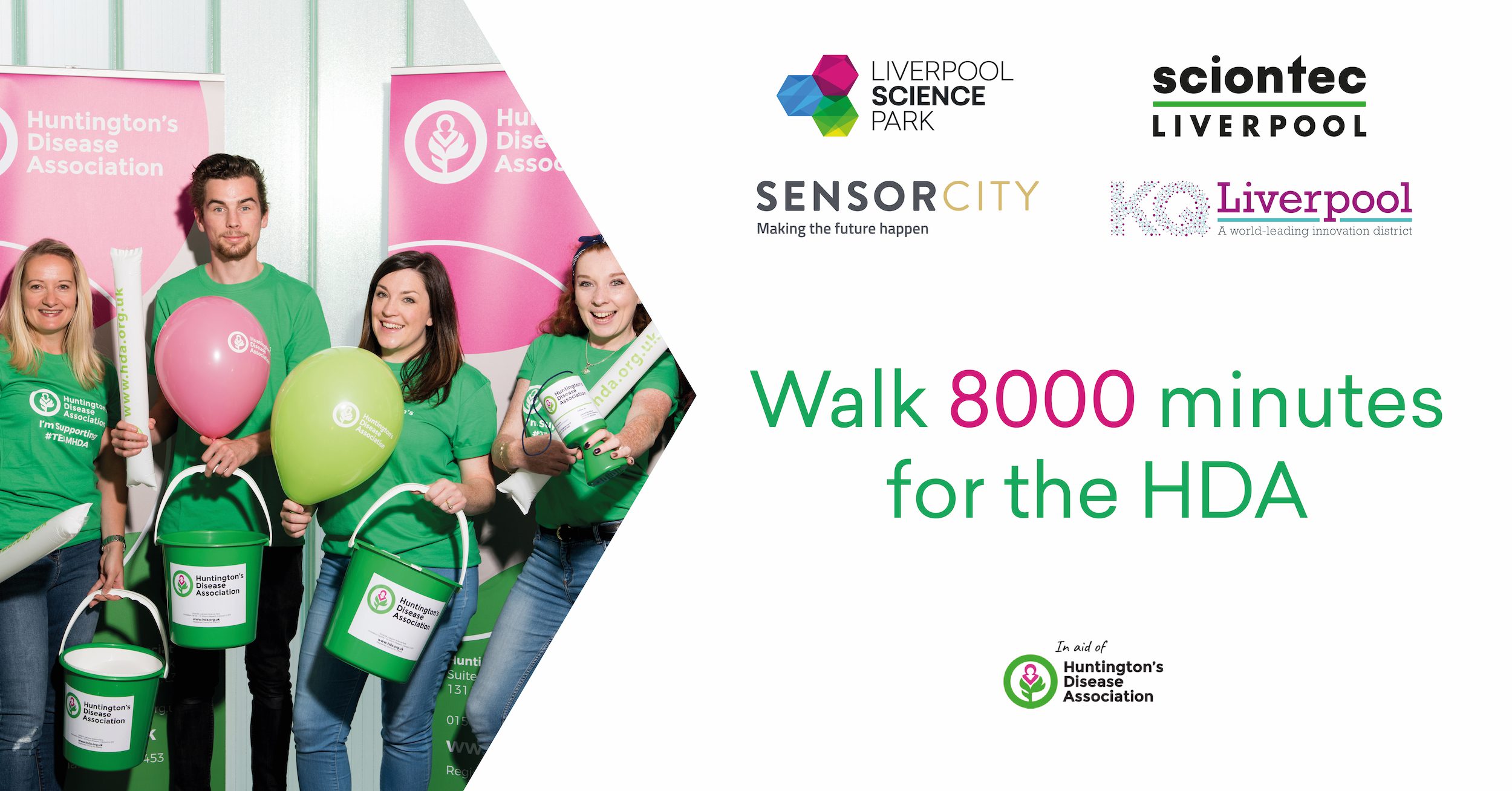 People with charity buckets on the left and logos of businesses on the right