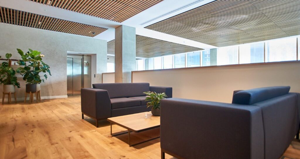 Office space with couches and a table