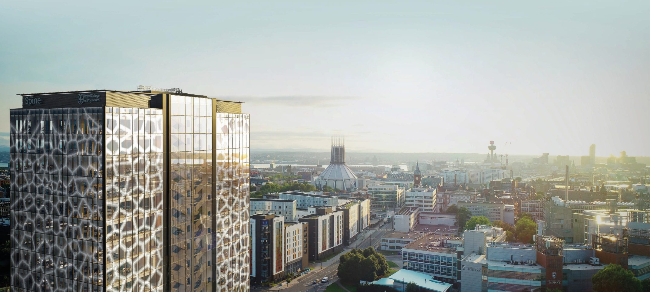 An image of The Spine building with the Liverpool Skyline